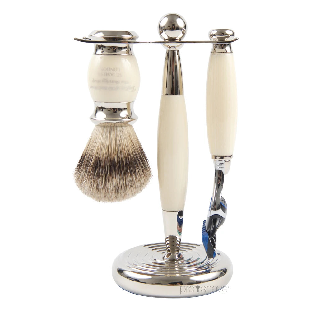 Barbersæt med Fusion Skraber, Pure Badger Barberkost og holder, imit. elfenben