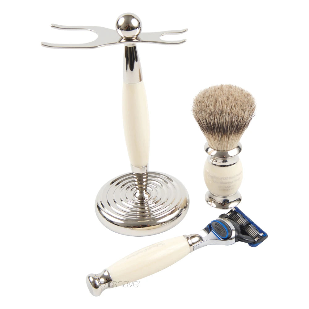 Barbersæt med Fusion Skraber, Pure Badger Barberkost og holder, imit. elfenben