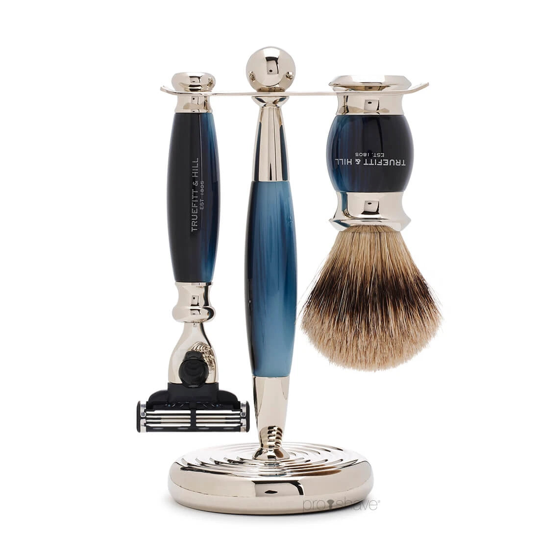 Barbersæt med Fusion Skraber, Grævlingebørste og holder, Edwardian, Faux Blue Opal
