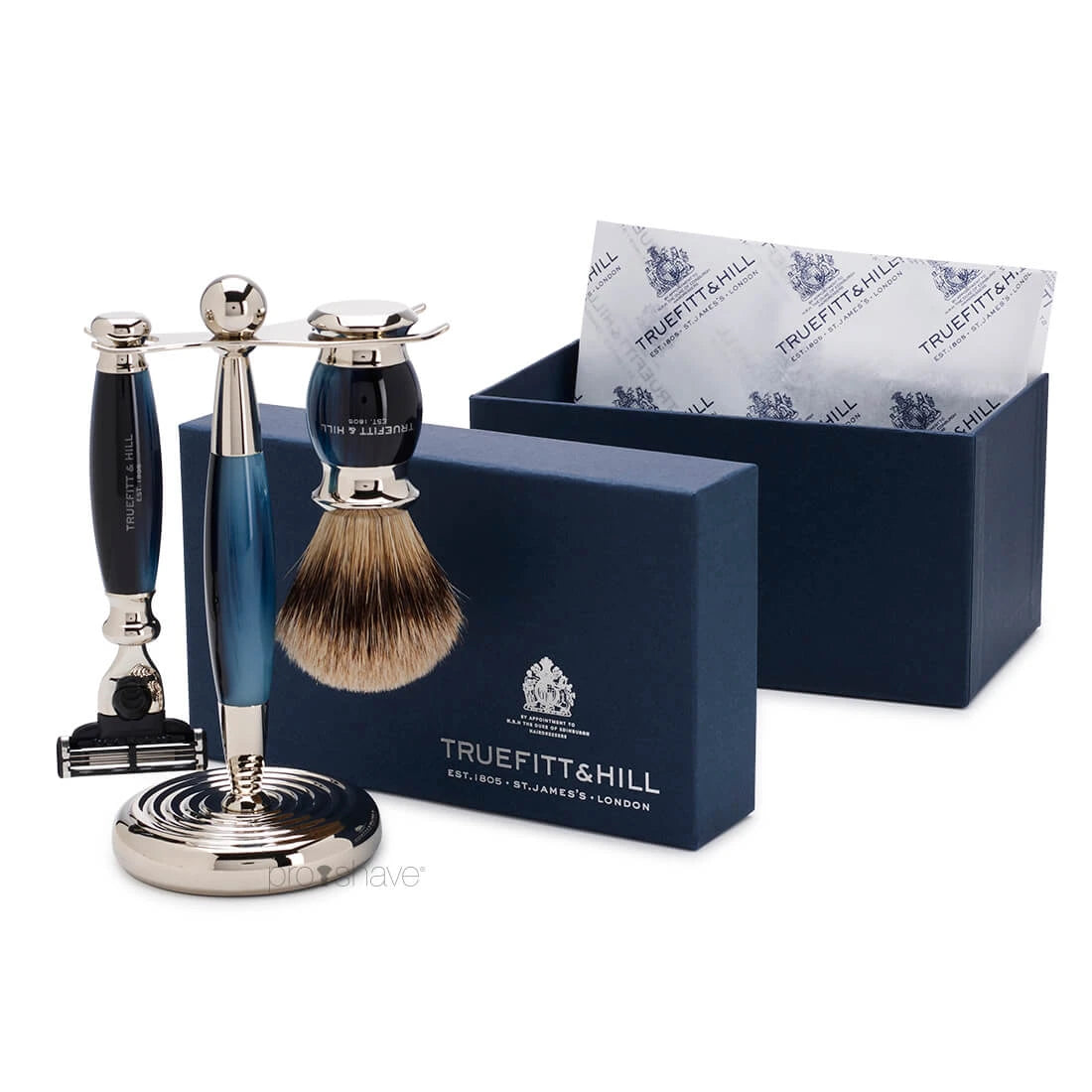 Barbersæt med Fusion Skraber, Grævlingebørste og holder, Edwardian, Faux Blue Opal