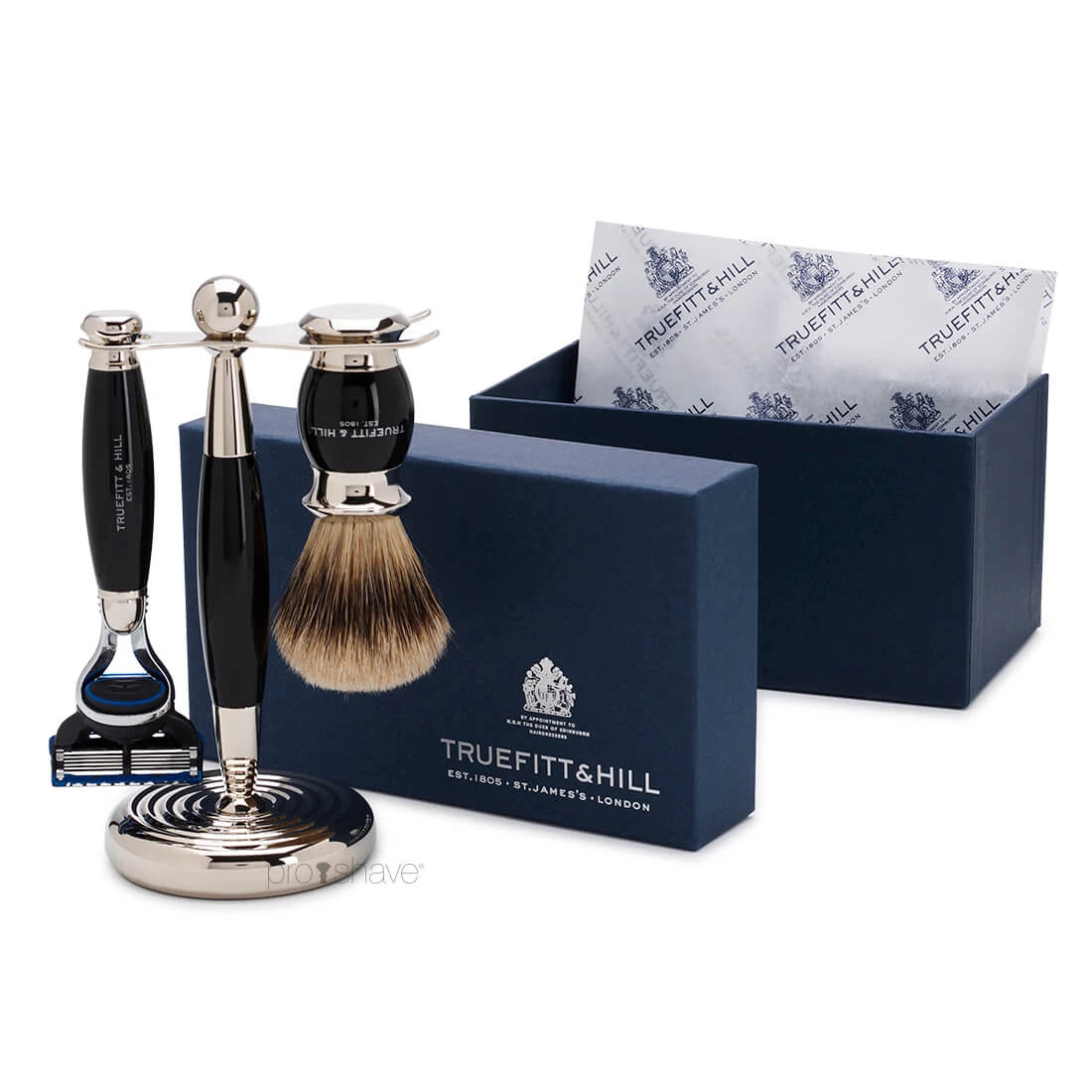 Barbersæt med Fusion Skraber, Grævlingebørste og holder, Edwardian, Faux Ebony