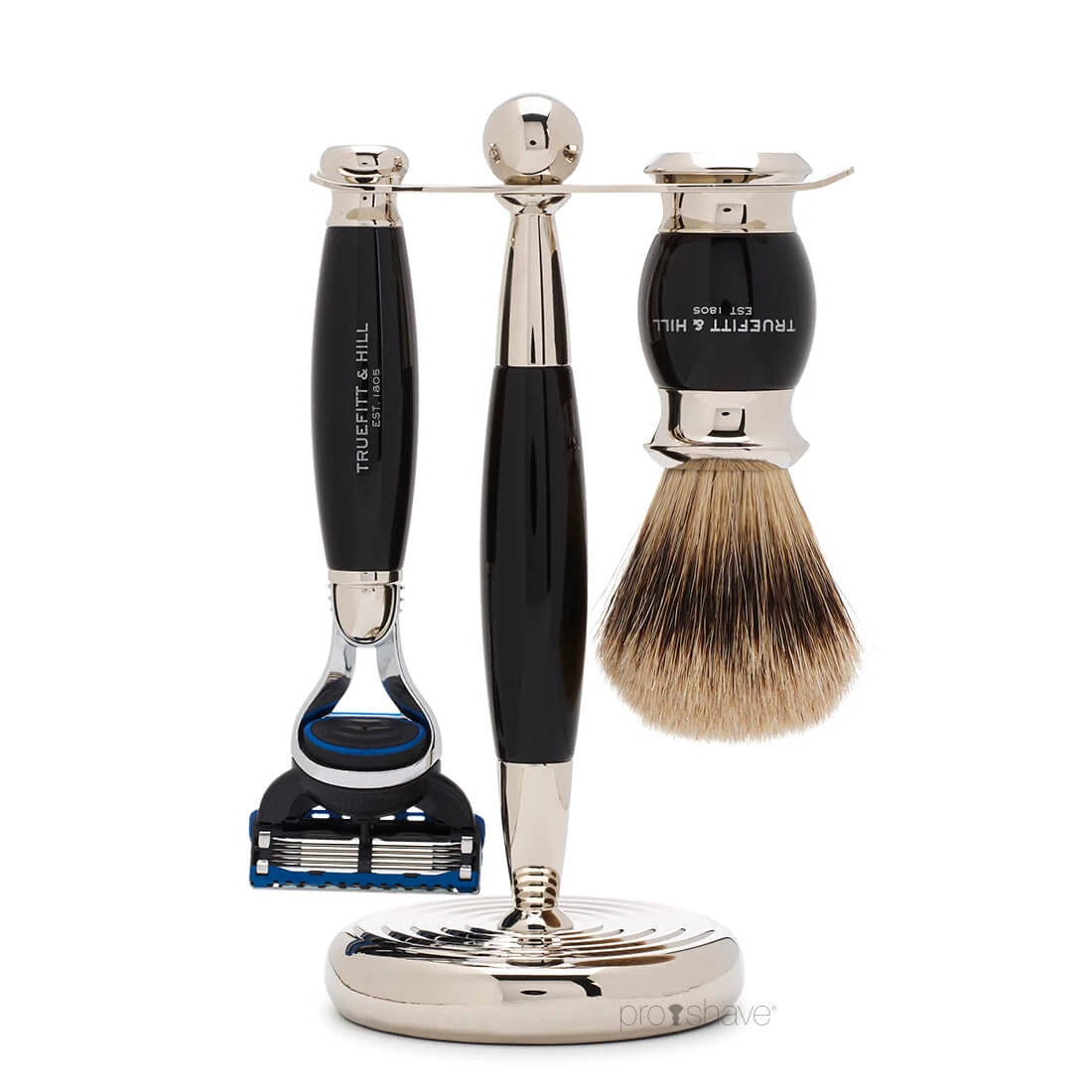 Barbersæt med Fusion Skraber, Grævlingebørste og holder, Edwardian, Faux Ebony