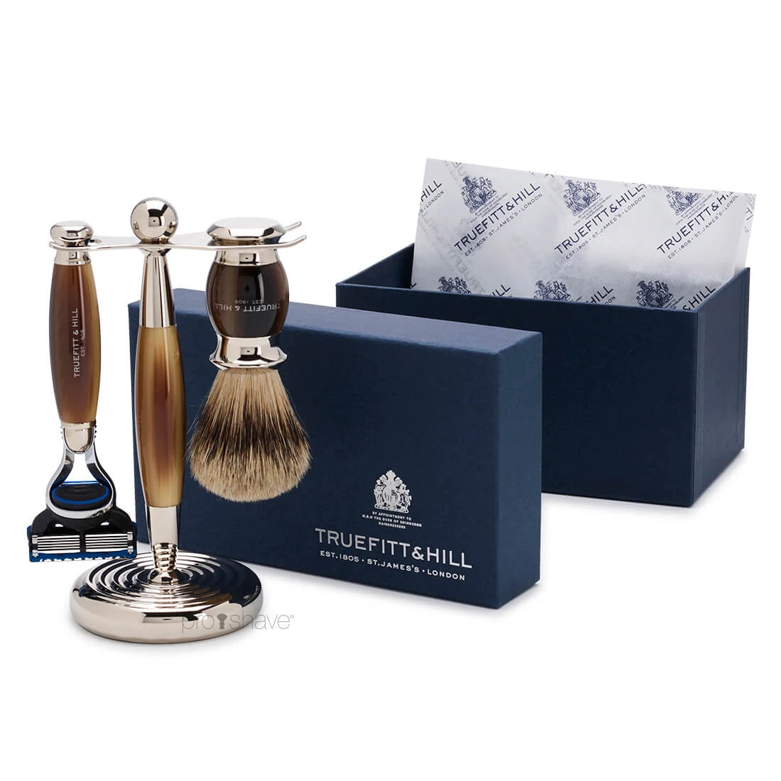 Barbersæt med Fusion Skraber, Grævlingebørste og holder, Edwardian, Faux Horn