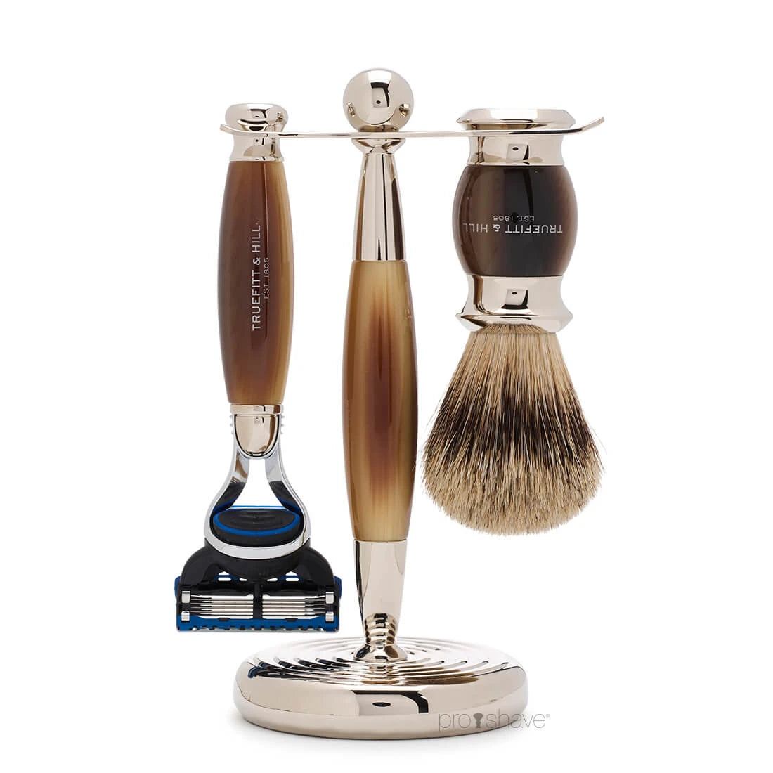 Barbersæt med Fusion Skraber, Grævlingebørste og holder, Edwardian, Faux Horn