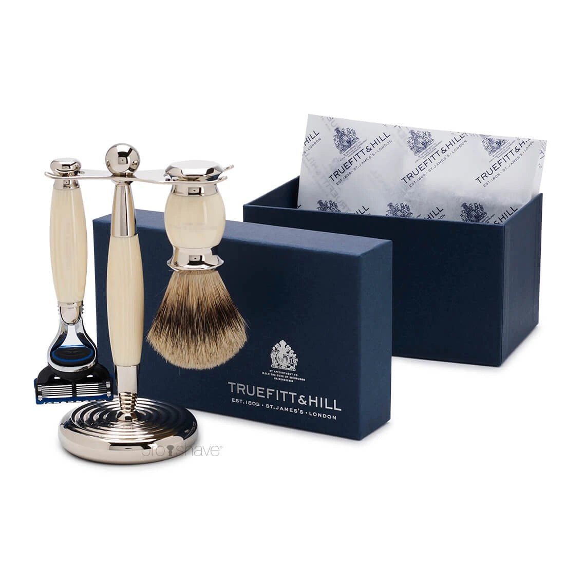 Barbersæt med Fusion Skraber, Grævlingebørste og holder, Edwardian, Faux Ivory