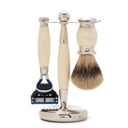 Barbersæt med Fusion Skraber, Grævlingebørste og holder, Edwardian, Faux Ivory