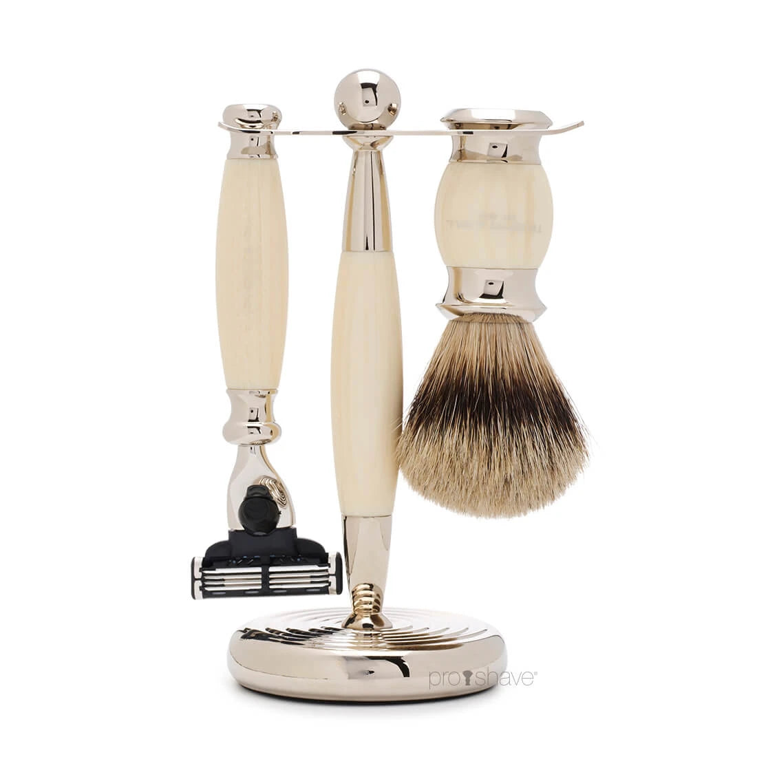 Barbersæt med Mach3 Skraber, Grævlingebørste og holder, Edwardian, Faux Ivory