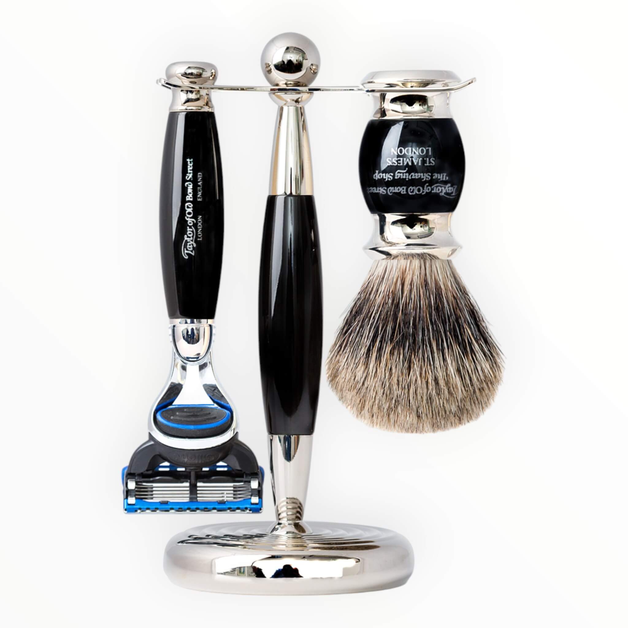 Barbersæt med Fusion Skraber, Pure Badger Barberkost og holder, sort