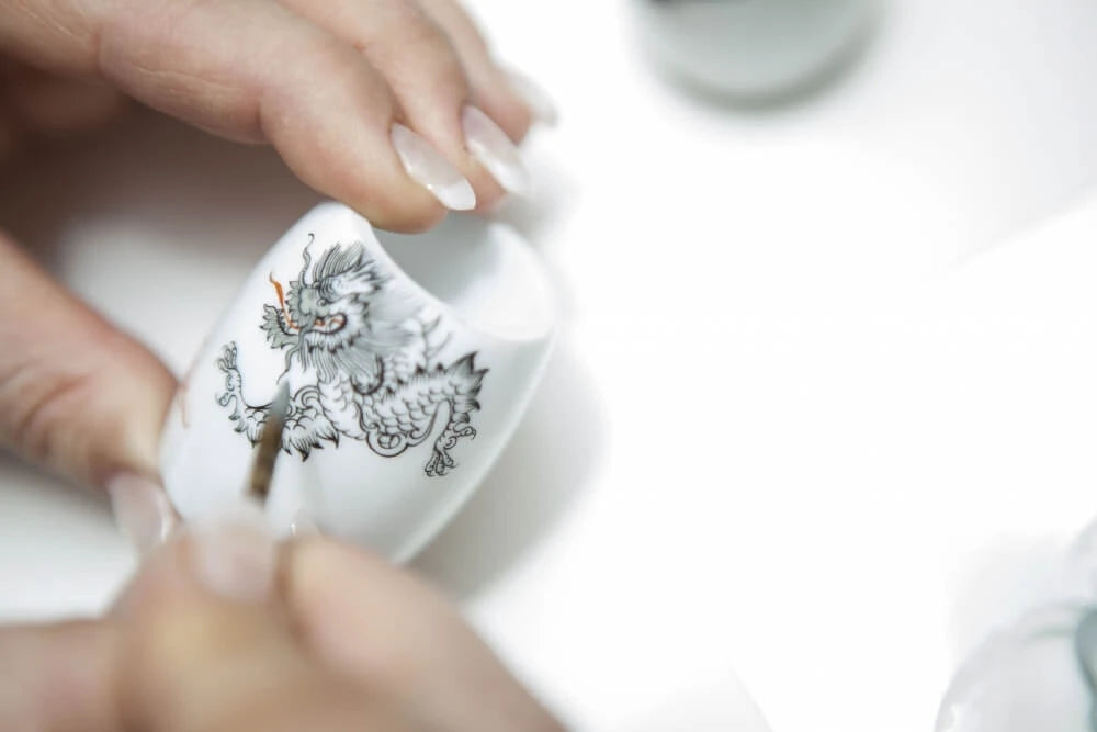 Meissen Porcelain Barbersæt med DE-Skraber, Silvertip Barberkost og Holder til skraber, Porcelæn