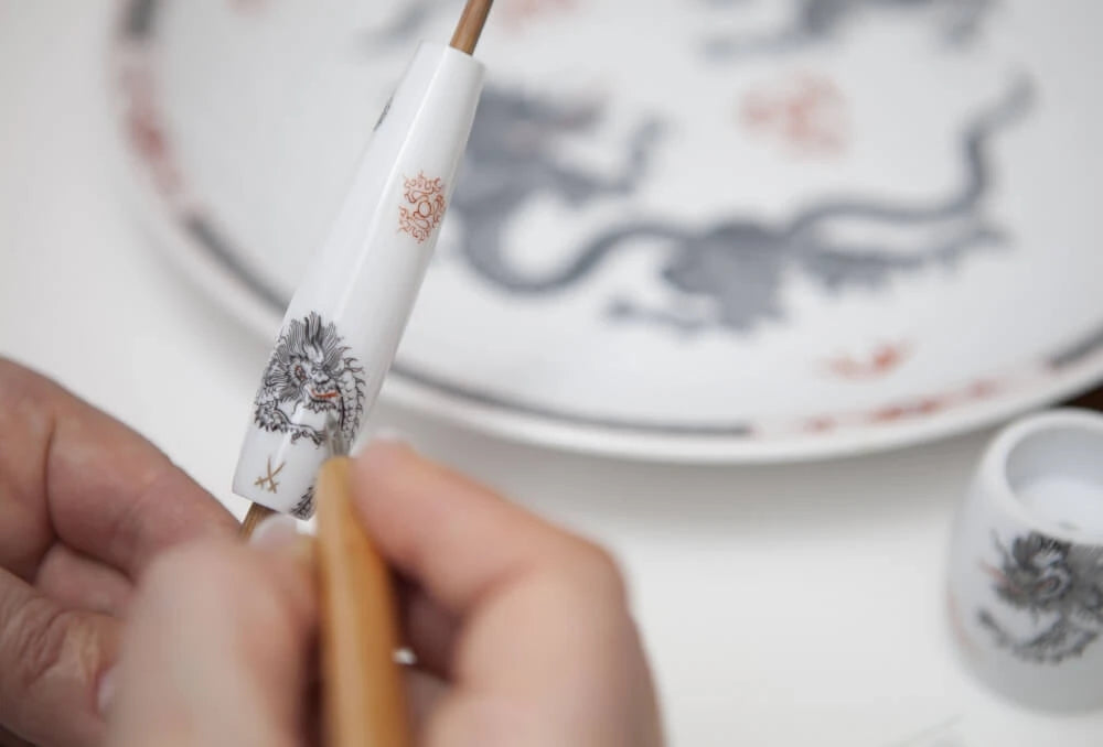 Meissen Porcelain Barbersæt med Fusion Skraber, Silvertip Barberkost og Holder, Porcelæn