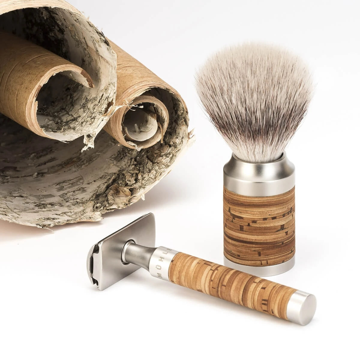 Barbersæt med DE-skraber, Fibre Barberkost og Holder, Rocca, Rustfrit stål & Birkebark