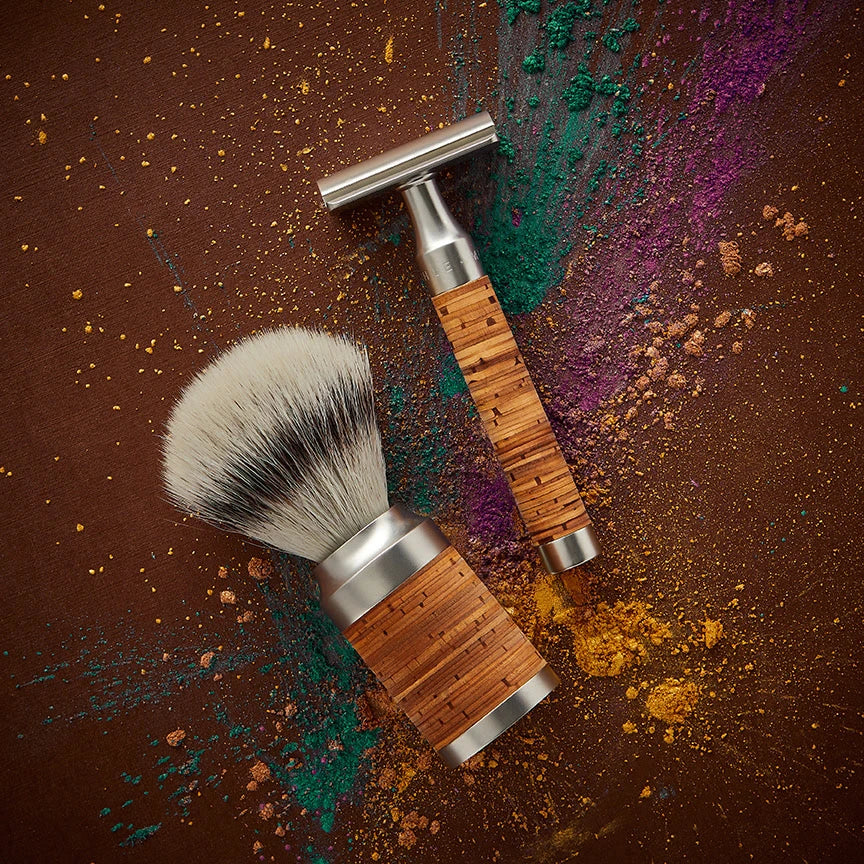 Barbersæt med DE-skraber, Fibre Barberkost og Holder, Rocca, Rustfrit stål & Birkebark
