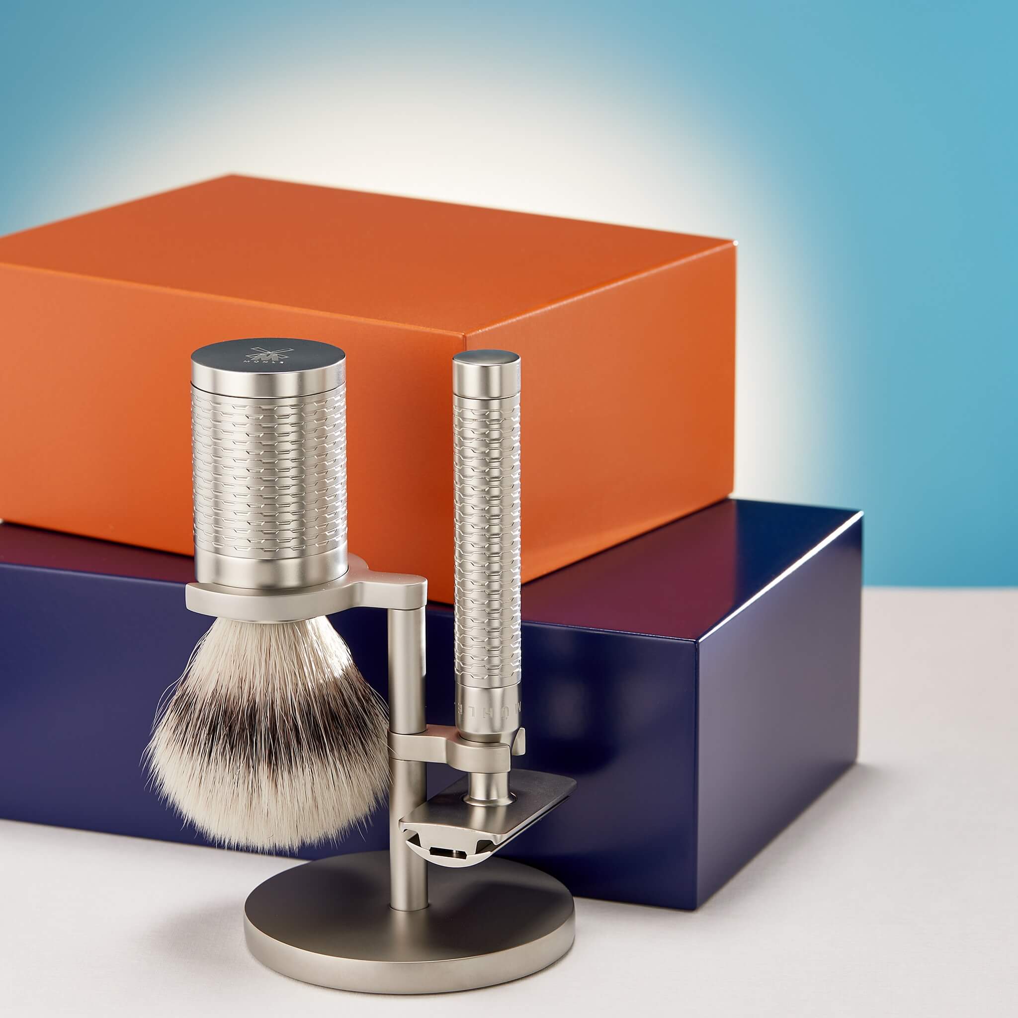 Barbersæt med DE-skraber, Fibre Barberkost og Holder, Rocca, Rustfrit stål - Mat finish