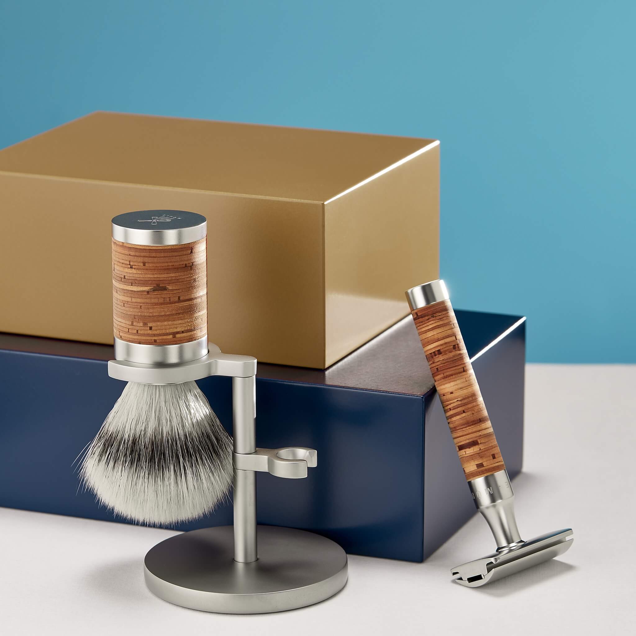 Barbersæt med DE-skraber, Fibre Barberkost og Holder, Rocca, Rustfrit stål & Birkebark