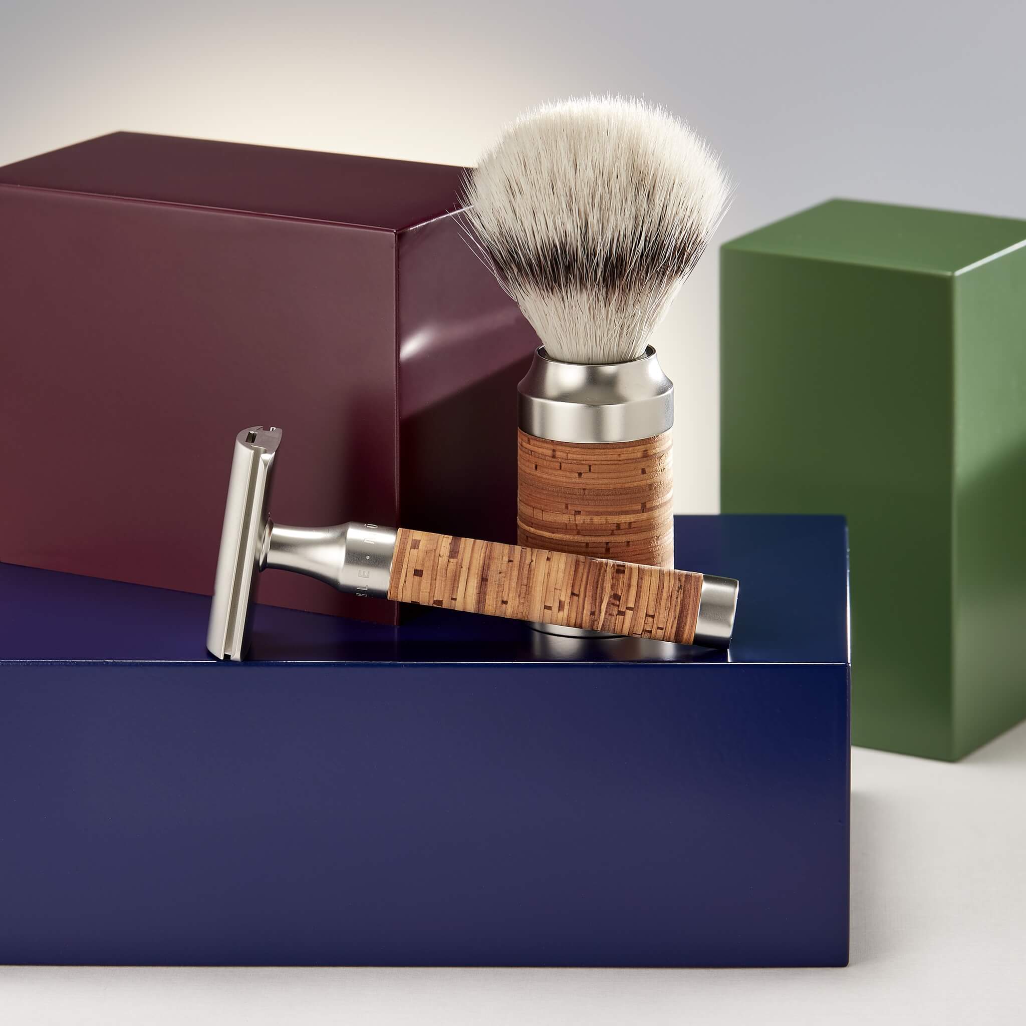 Barbersæt med DE-skraber, Fibre Barberkost og Holder, Rocca, Rustfrit stål & Birkebark