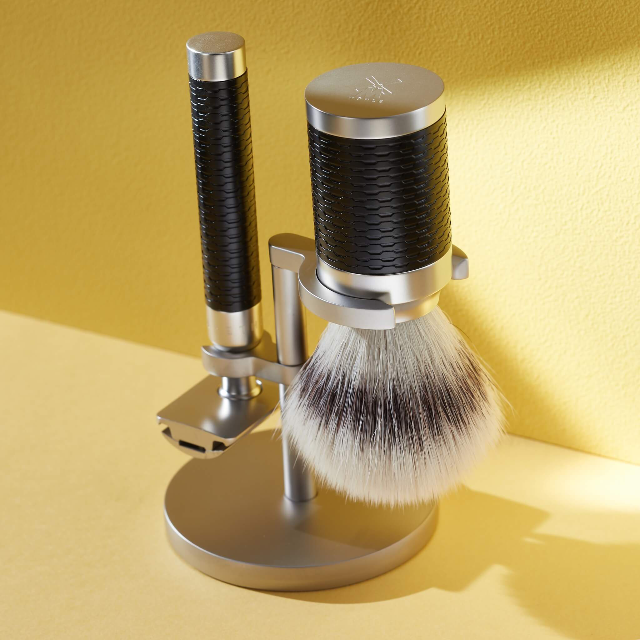 Barbersæt med DE-skraber, Fibre Barberkost og Holder, Rocca, Rustfrit stål