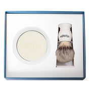 Startsæt med High Mountain White Fibre Barberkost, Holder og Porcelænsskål med Barbersæbe, Hvid