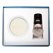 Startsæt med High Mountain White Fibre Barberkost, Holder og Porcelænsskål med Barbersæbe, Sort