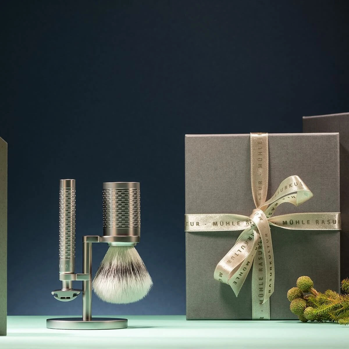 Barbersæt med DE-skraber, Fibre Barberkost og Holder, Rocca, Rustfrit stål - Mat finish