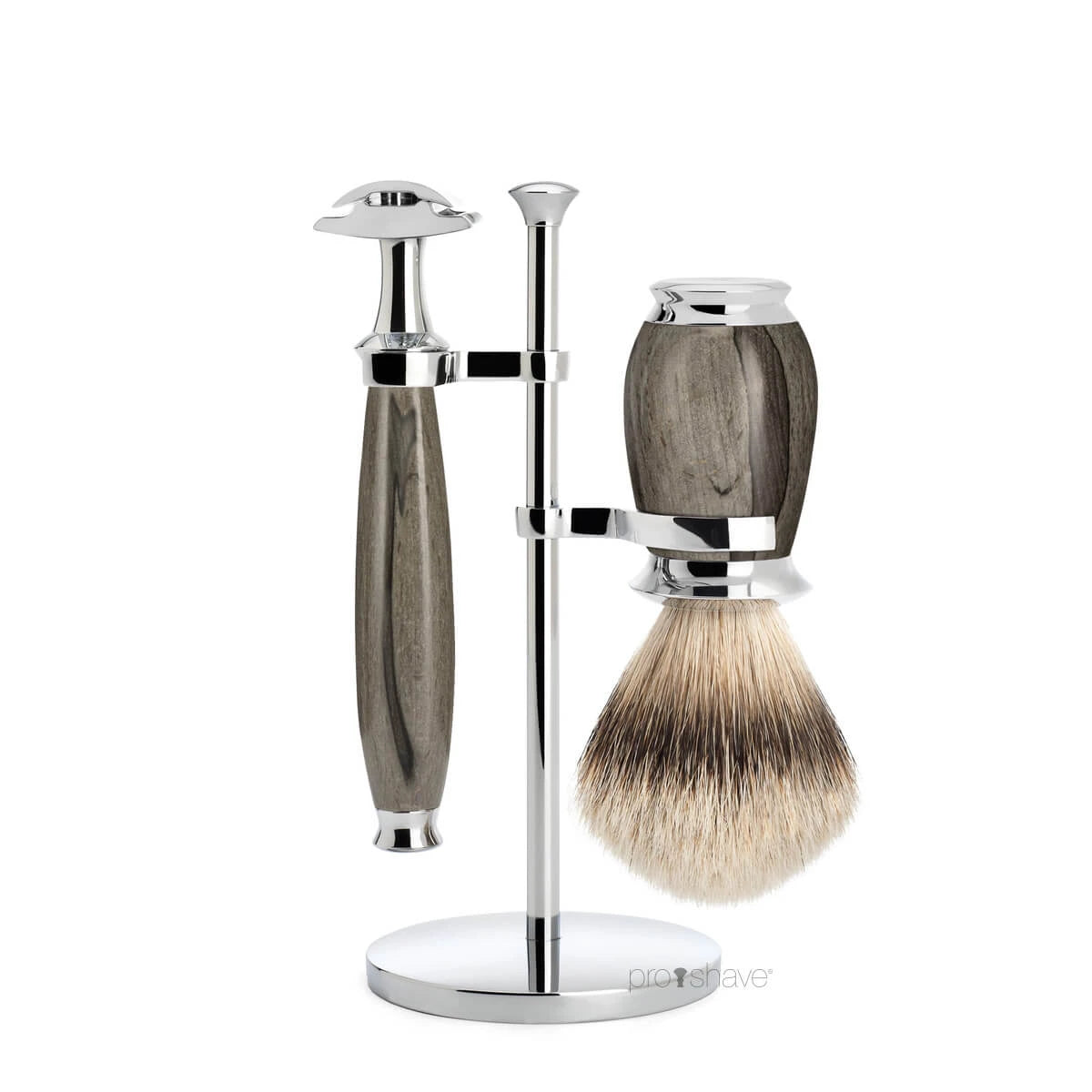 Barbersæt med DE-skraber, Barberkost og Holder, Purist, Grained Beech