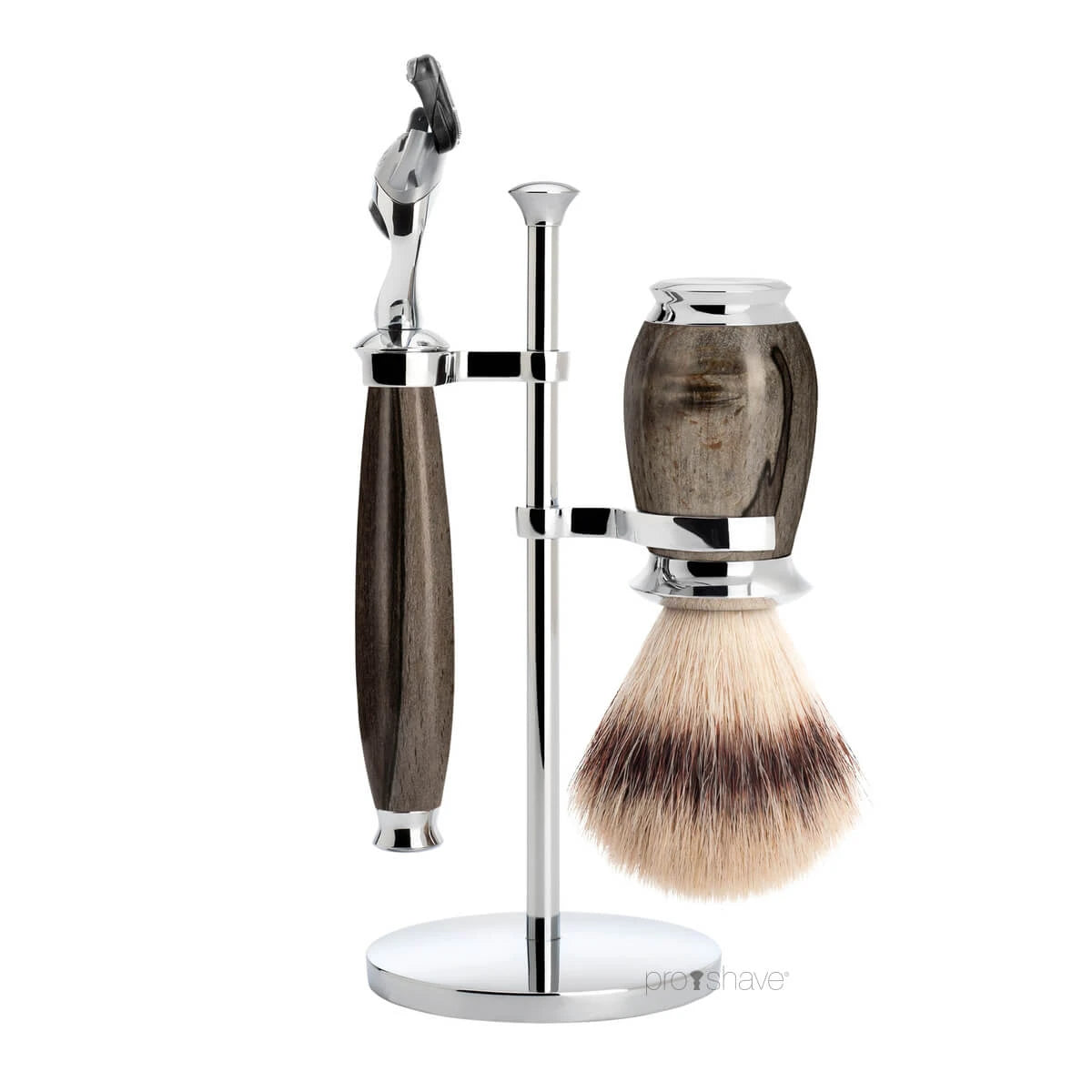 Barbersæt med Fusion Skraber, Silvertip Fibre® Barberkost og Holder, Purist, Grained Beech