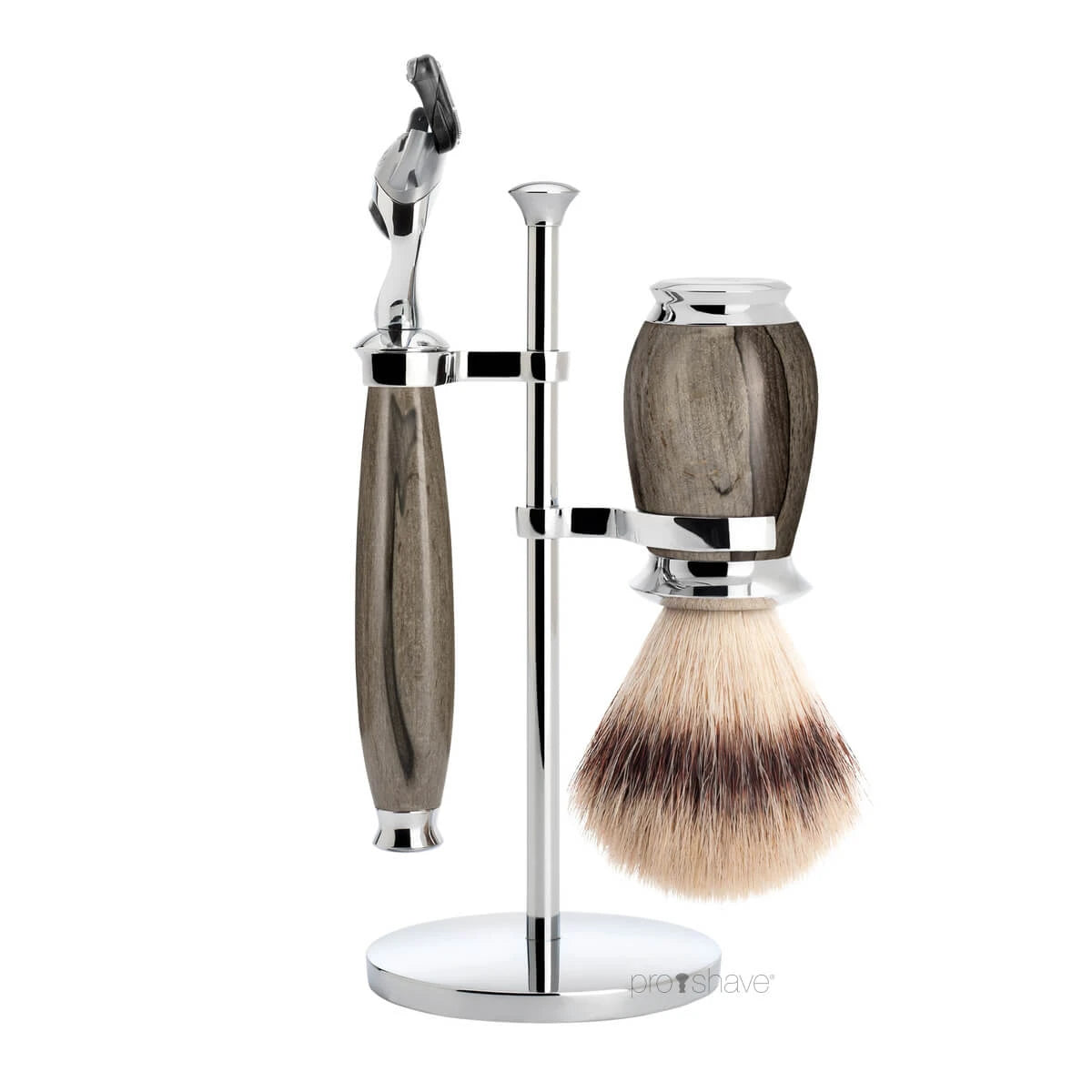 Barbersæt med Fusion Skraber, Silvertip Fibre® Barberkost og Holder, Purist, Grained Beech