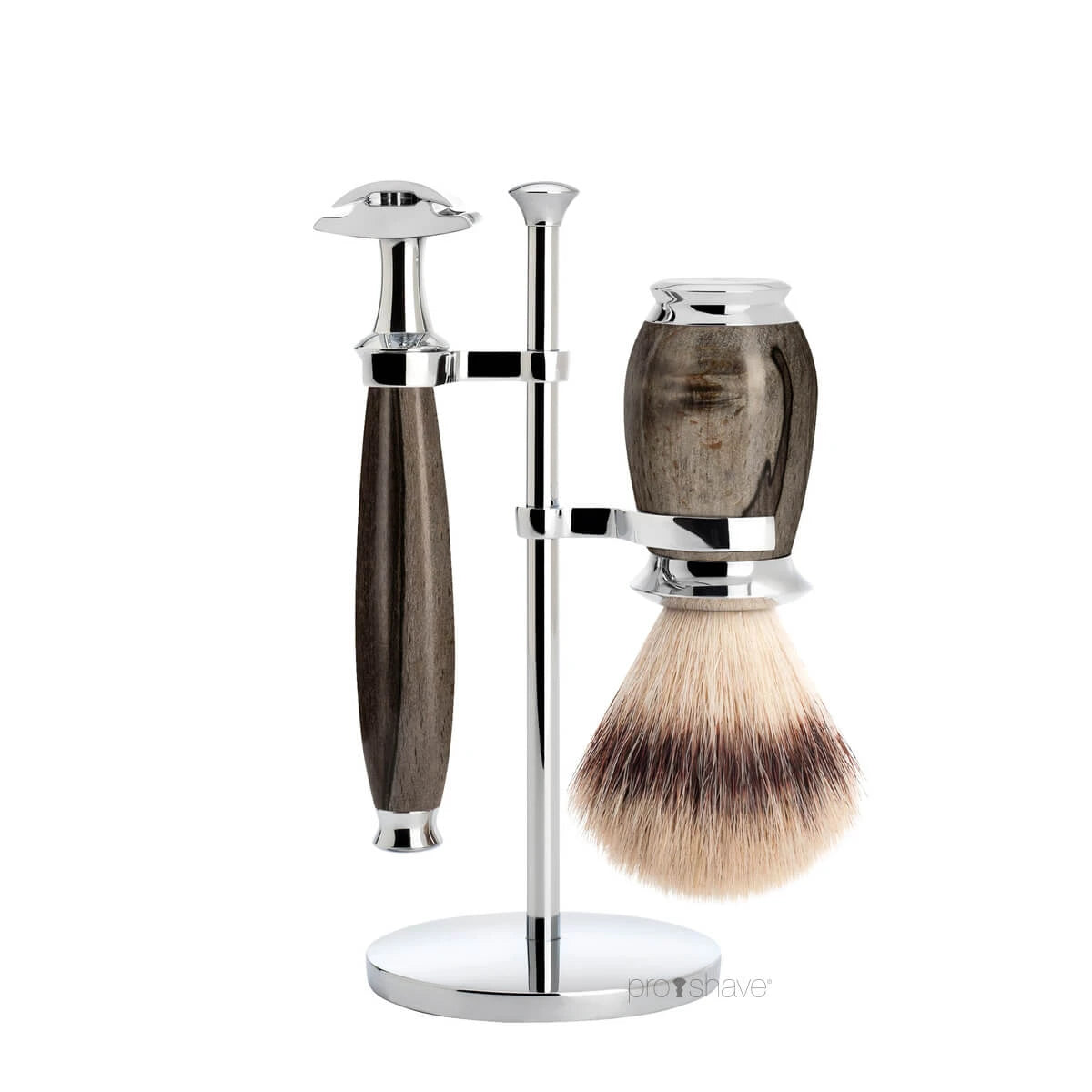 Barbersæt med DE-skraber, Silvertip Fibre® Barberkost og Holder, Purist, Grained Beech