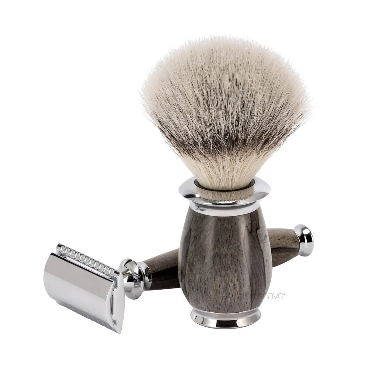 Barbersæt med DE-skraber, Silvertip Fibre® Barberkost og Holder, Purist, Grained Beech
