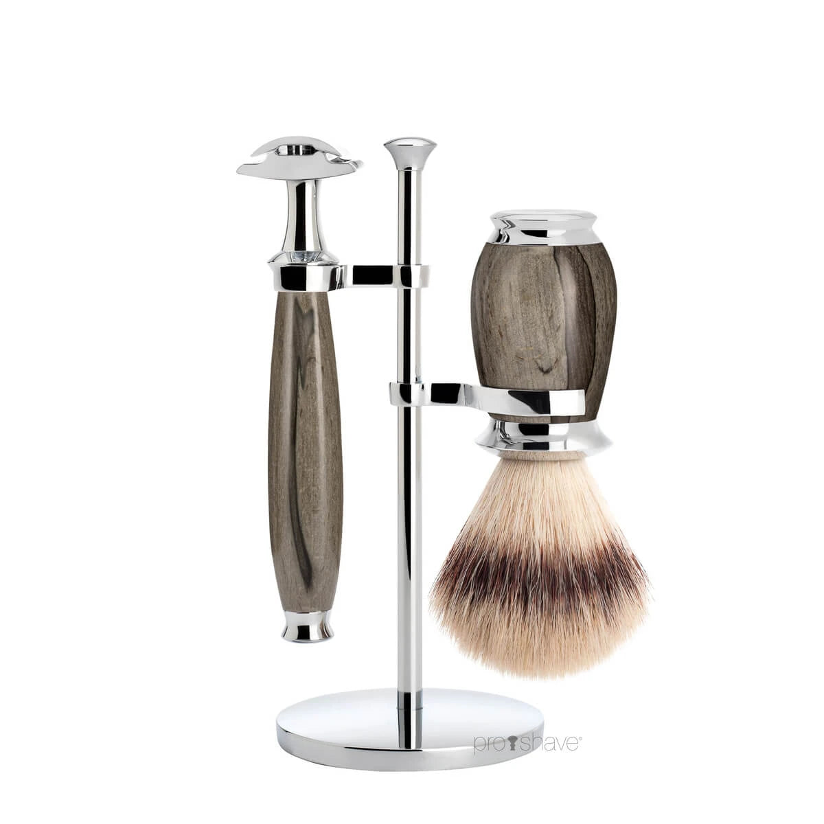 Barbersæt med DE-skraber, Silvertip Fibre® Barberkost og Holder, Purist, Grained Beech