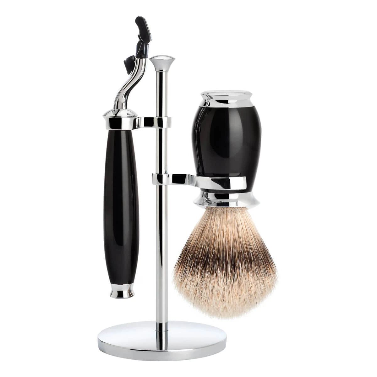 Barbersæt med Mach3 Skraber, Barberkost og Holder, Purist, Sort Kunstharpiks