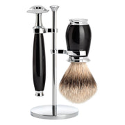Barbersæt med DE-skraber, Silvertip Barberkost og Holder, Purist, Sort Kunstharpiks