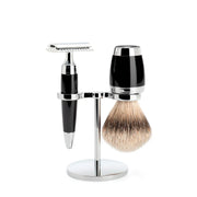 Barbersæt med DE-skraber, Silvertip Barberkost og holder, Stylo, Sort Kunstharpiks