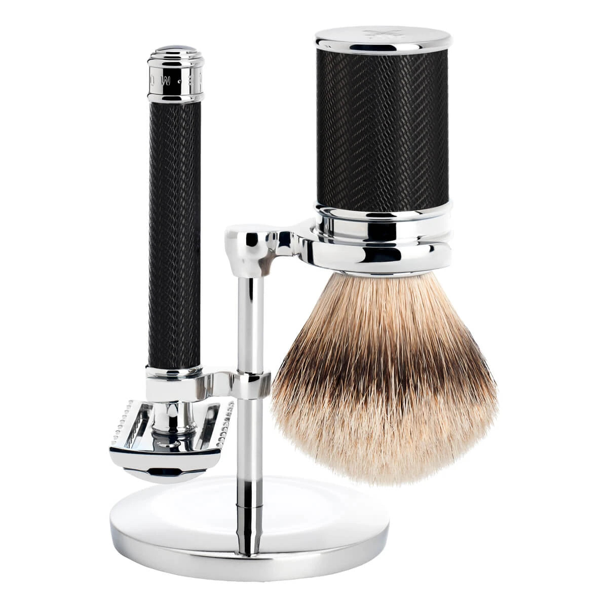 Barbersæt med DE-skraber (åben kam), Barberkost og Holder, Traditional, Black