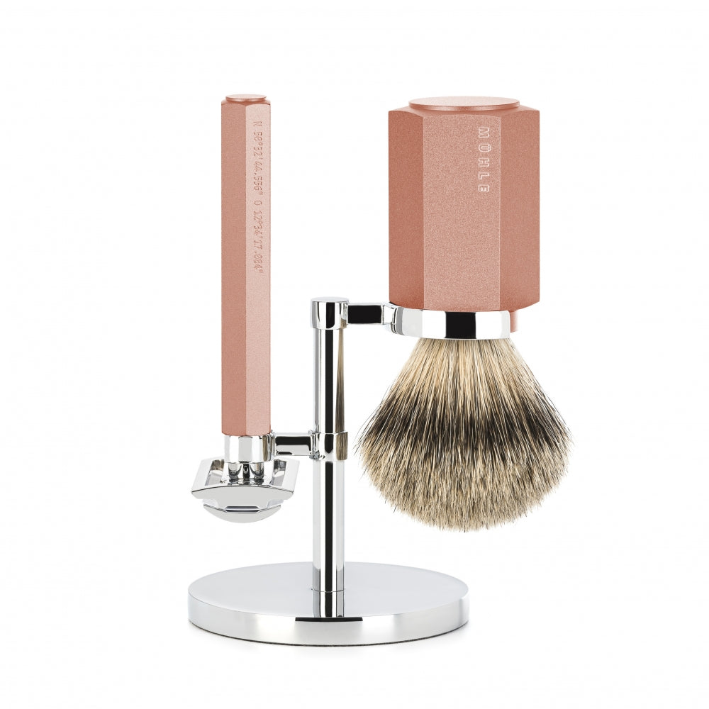 Mark Braun Barbersæt med DE-skraber, Silvertip Barberkost og holder, Hexagon, Aluminium Sunrise