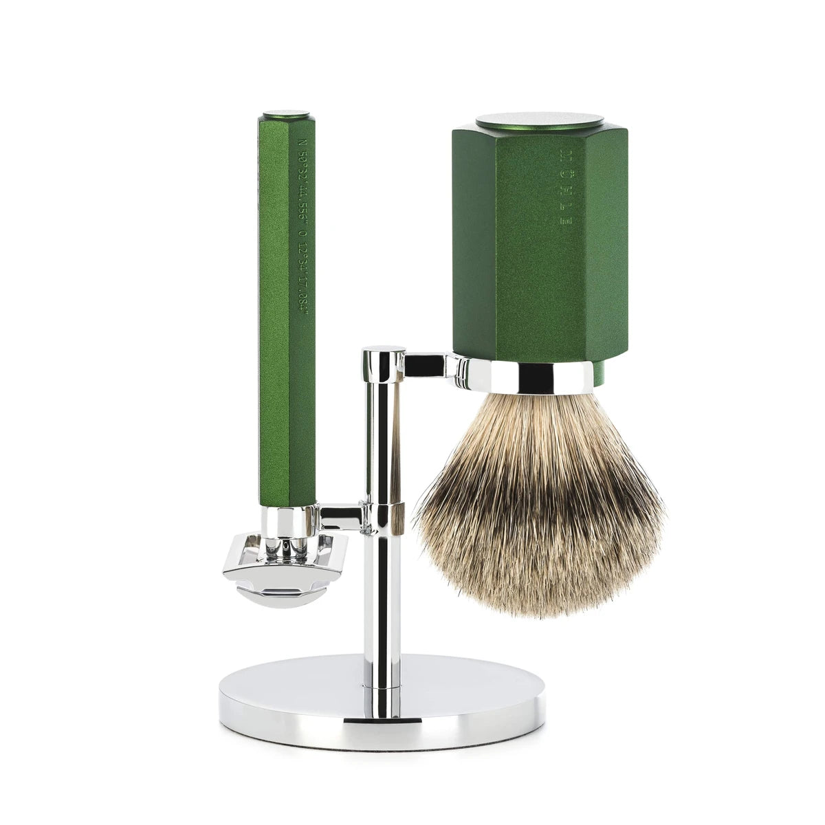 Mark Braun Barbersæt med DE-skraber, Silvertip Barberkost og holder, Hexagon, Aluminium Forest