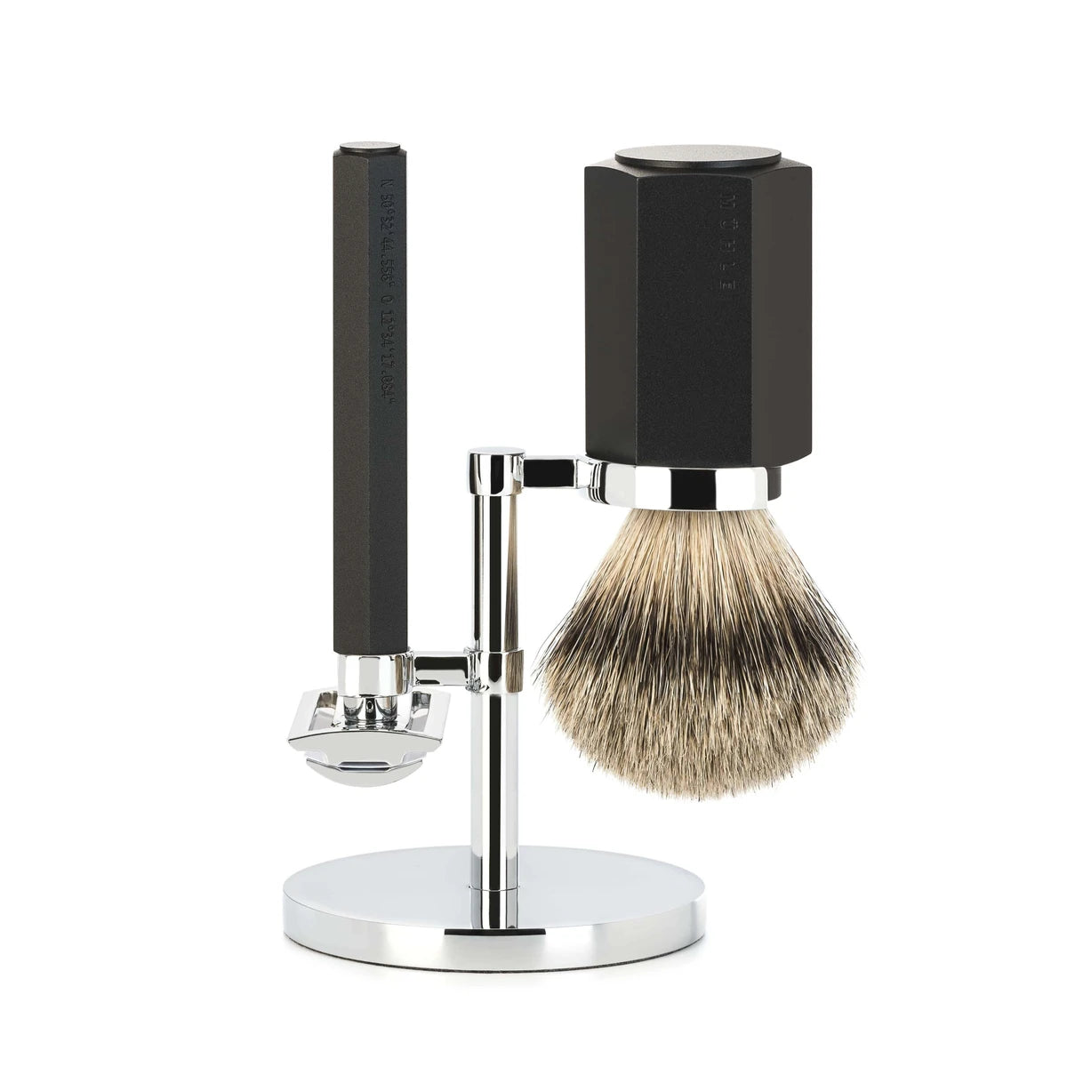Mark Braun Barbersæt med DE-skraber, Silvertip Barberkost og holder, Hexagon, Aluminium Graphite
