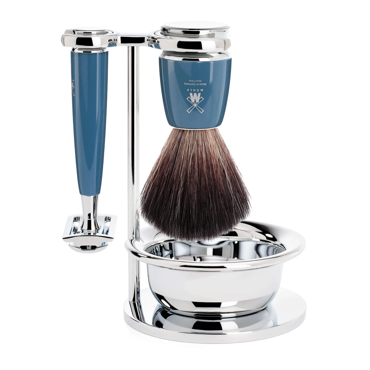 Barbersæt med DE-skraber, Fibre Barberkost, Holder og Skål, Rytmo, Petroleumsblå