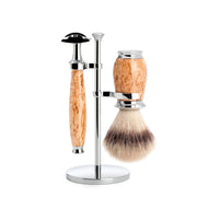 Barbersæt med DE-skraber, Barberkost og holder, Purist, Karelian burl birk