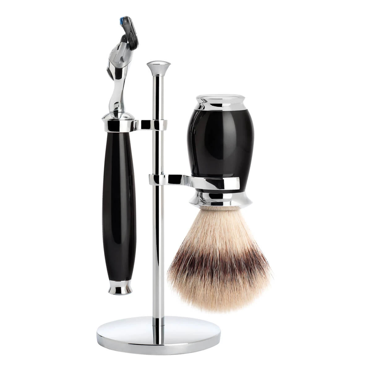 Barbersæt med Fusion Skraber, Silvertip Fibre® Barberkost og Holder, Purist, Sort Kunstharpiks