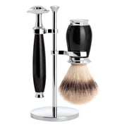 Barbersæt med DE-skraber, Barberkost og Holder, Purist, Sort Kunstharpiks