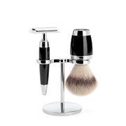Barbersæt med DE-skraber, Barberkost og holder, Stylo, Sort Kunstharpiks