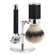 Barbersæt med DE-skraber (åben kam), Silvertip Fibre® Barberkost og Holder, Traditional, Black