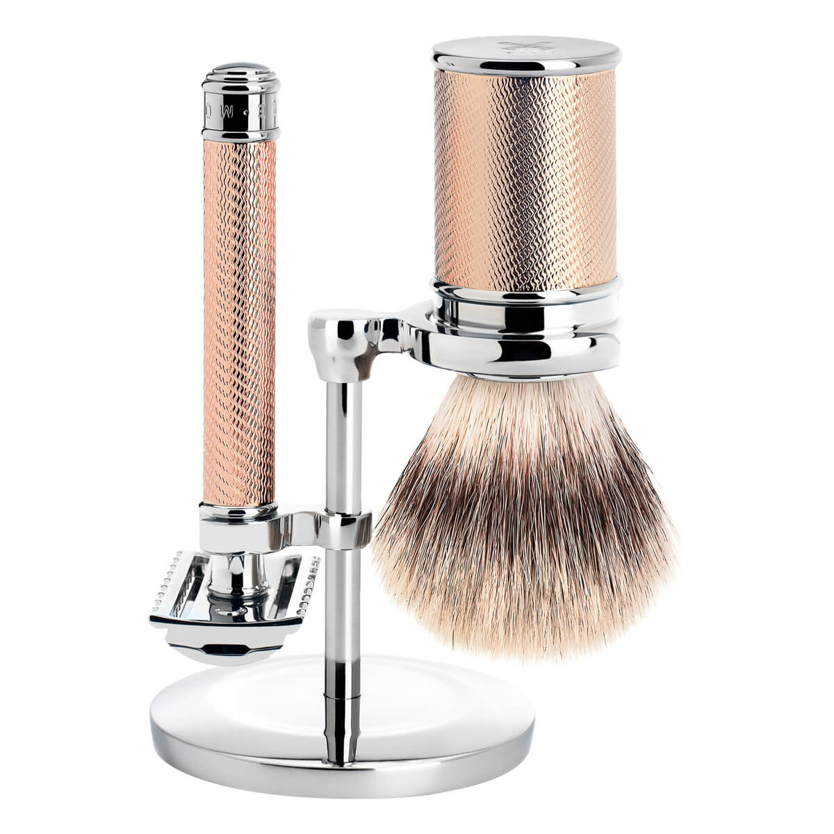 Barbersæt med DE-skraber (åben kam), Silvertip Fibre® Barberkost og Holder, Traditional, Rosegold
