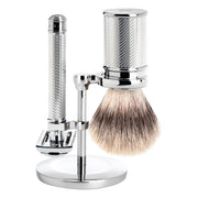 Barbersæt med DE-skraber (åben kam), Silvertip Fibre® Barberkost og Holder, Traditional