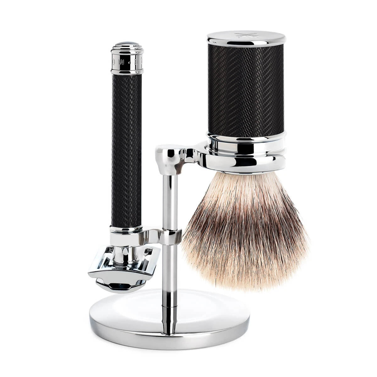 Barbersæt med DE-skraber, Silvertip Fibre® Barberkost og Holder, Traditional, Black