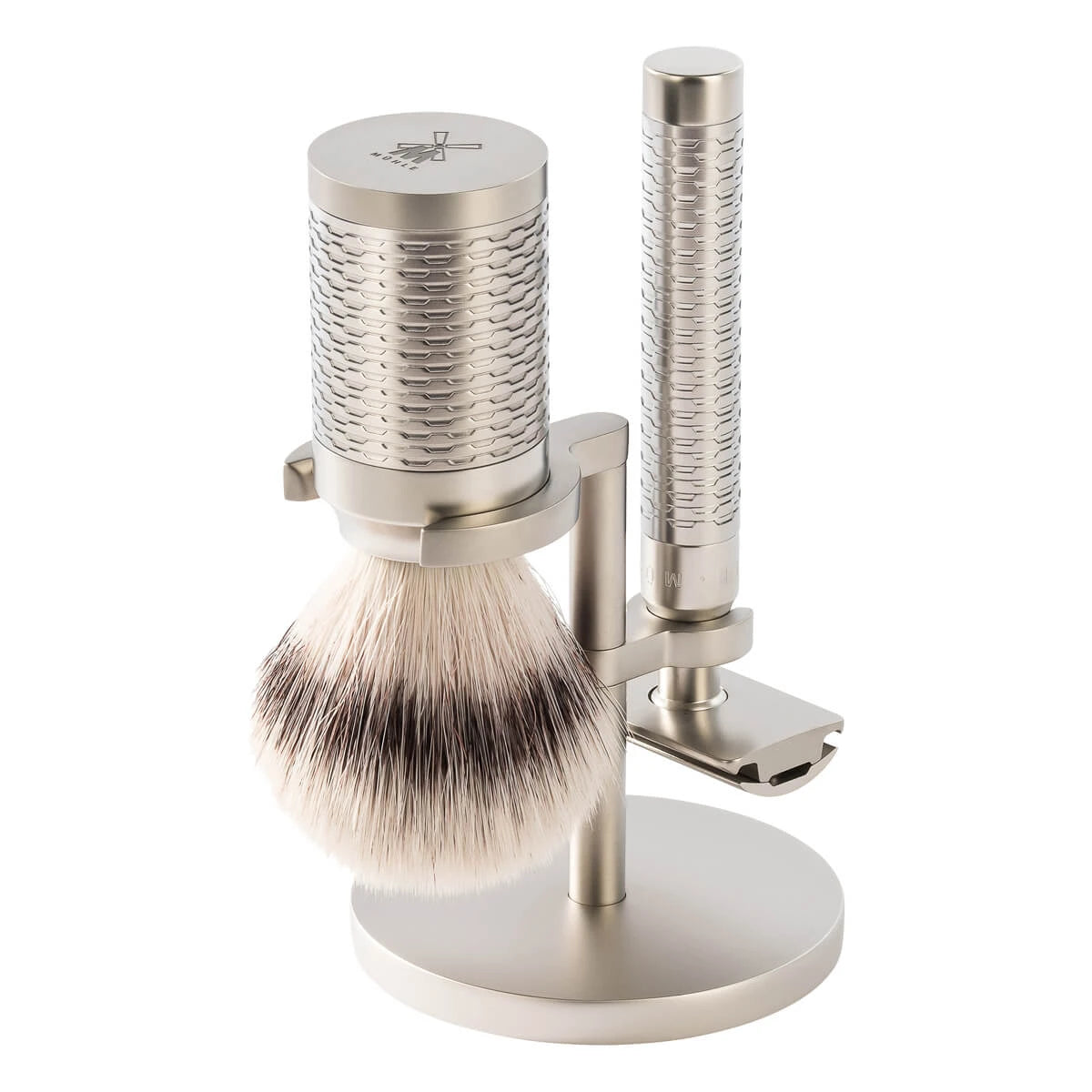 Barbersæt med DE-skraber, Fibre Barberkost og Holder, Rocca, Rustfrit stål - Mat finish