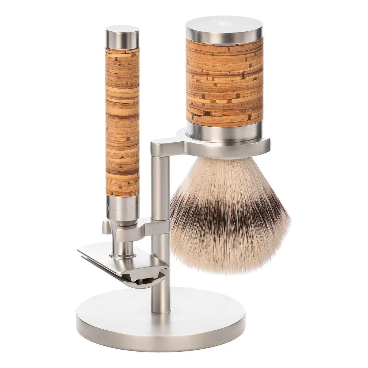 Barbersæt med DE-skraber, Fibre Barberkost og Holder, Rocca, Rustfrit stål & Birkebark