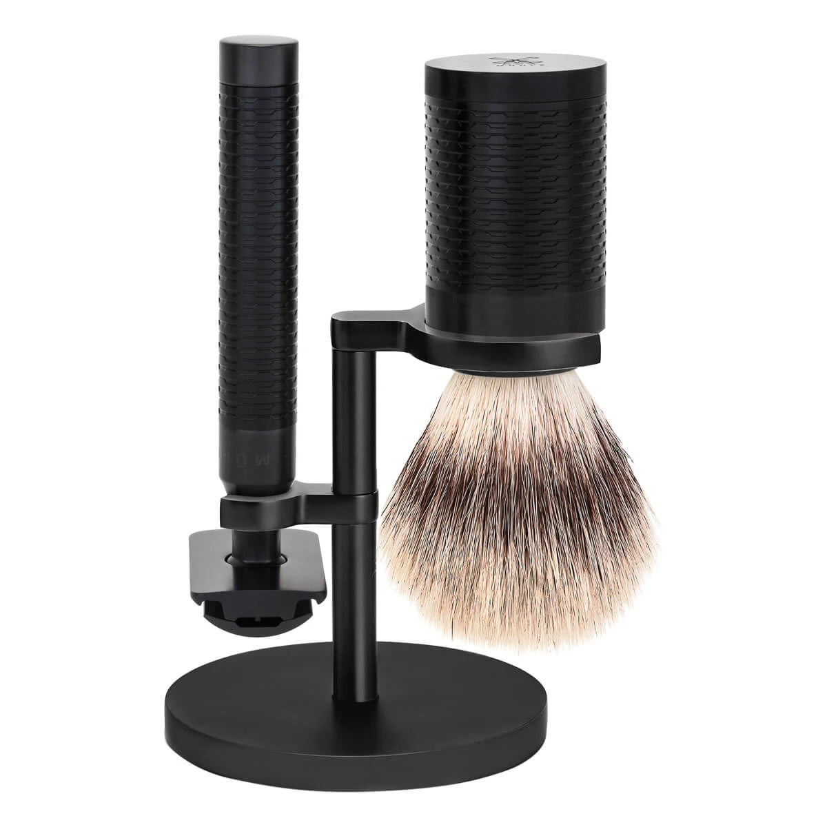 Barbersæt med DE-skraber, Fibre Barberkost og Holder, Rocca, Sort rustfrit stål