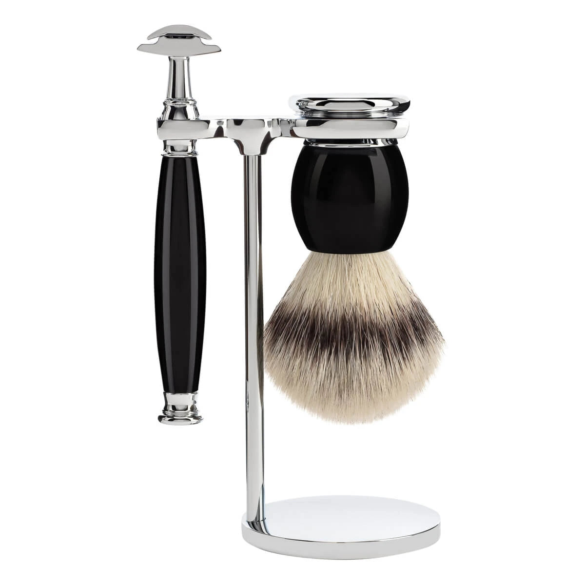 Barbersæt med DE-skraber, Silvertip Fibre® Barberkost og Holder, Sophist, Sort Kunstharpiks