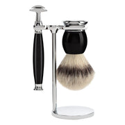 Barbersæt med DE-skraber, Silvertip Fibre® Barberkost og Holder, Sophist, Sort Kunstharpiks
